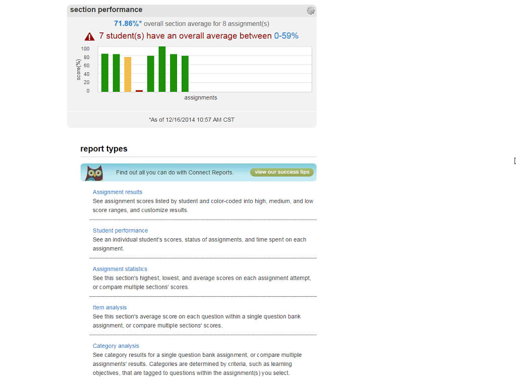 Screenshot showing McGraw Hill Connect's bank of test questions by chapter.