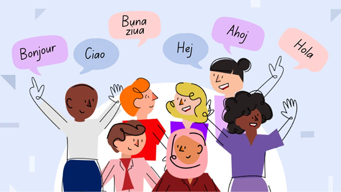 Graphic of characters speaking different languages.
